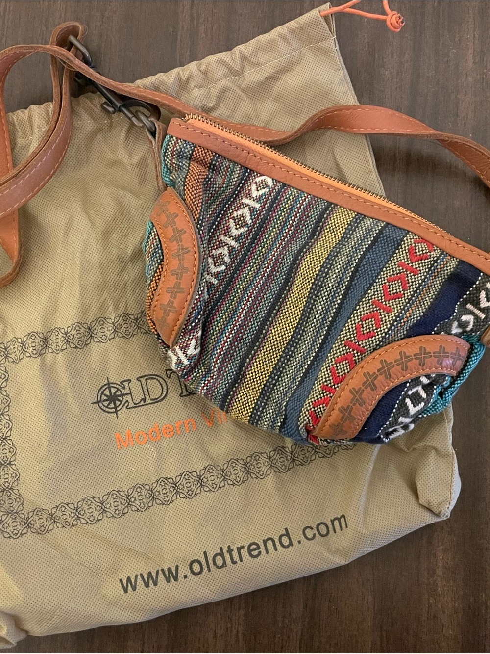 Multicolor Woven Crossbody Bag with Brown Trim